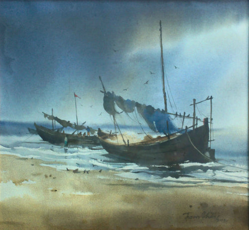 Boat on Seaside - 1 — Watercolour Painting by Tapas Kanti Mitra