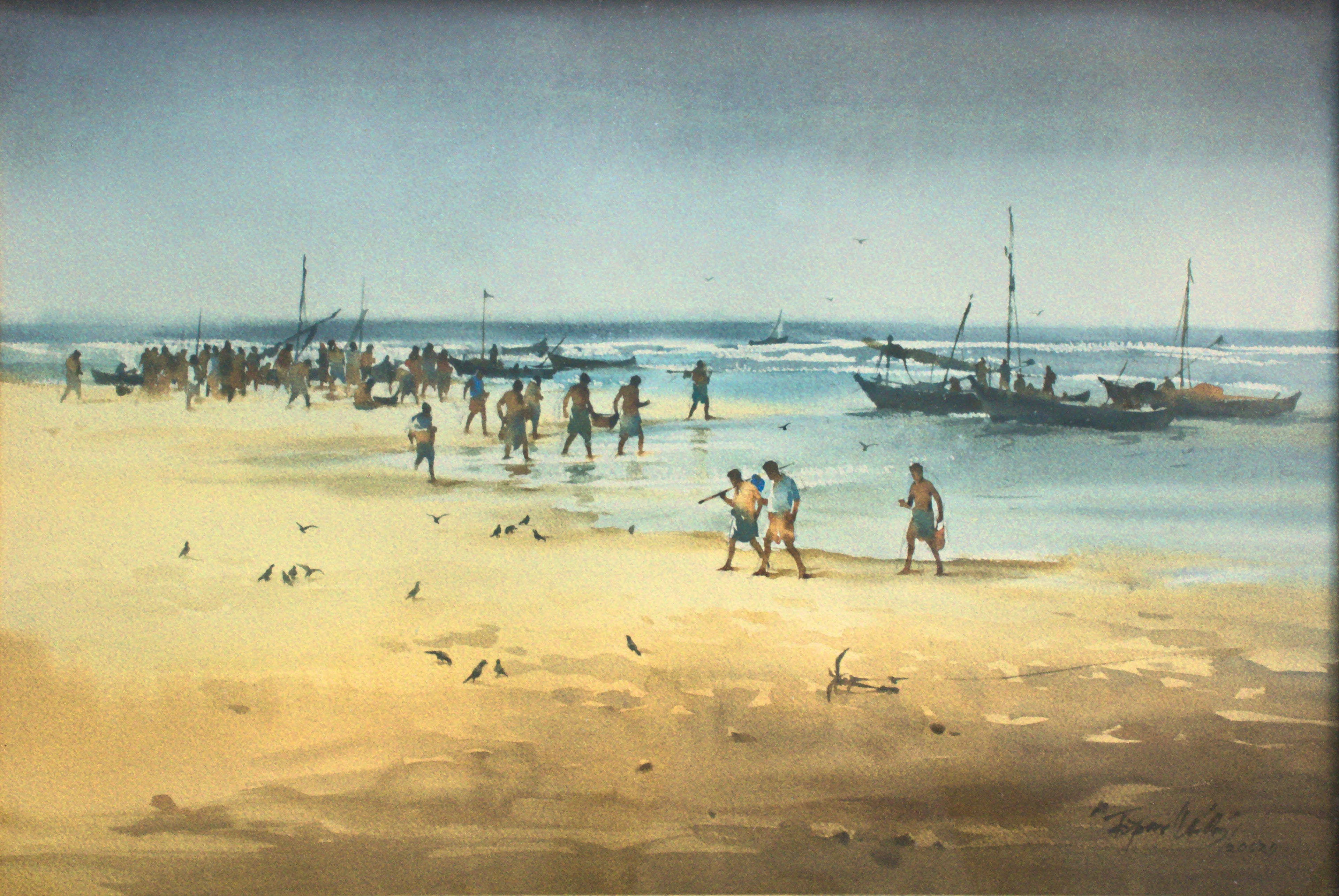 Men and crow on seaside