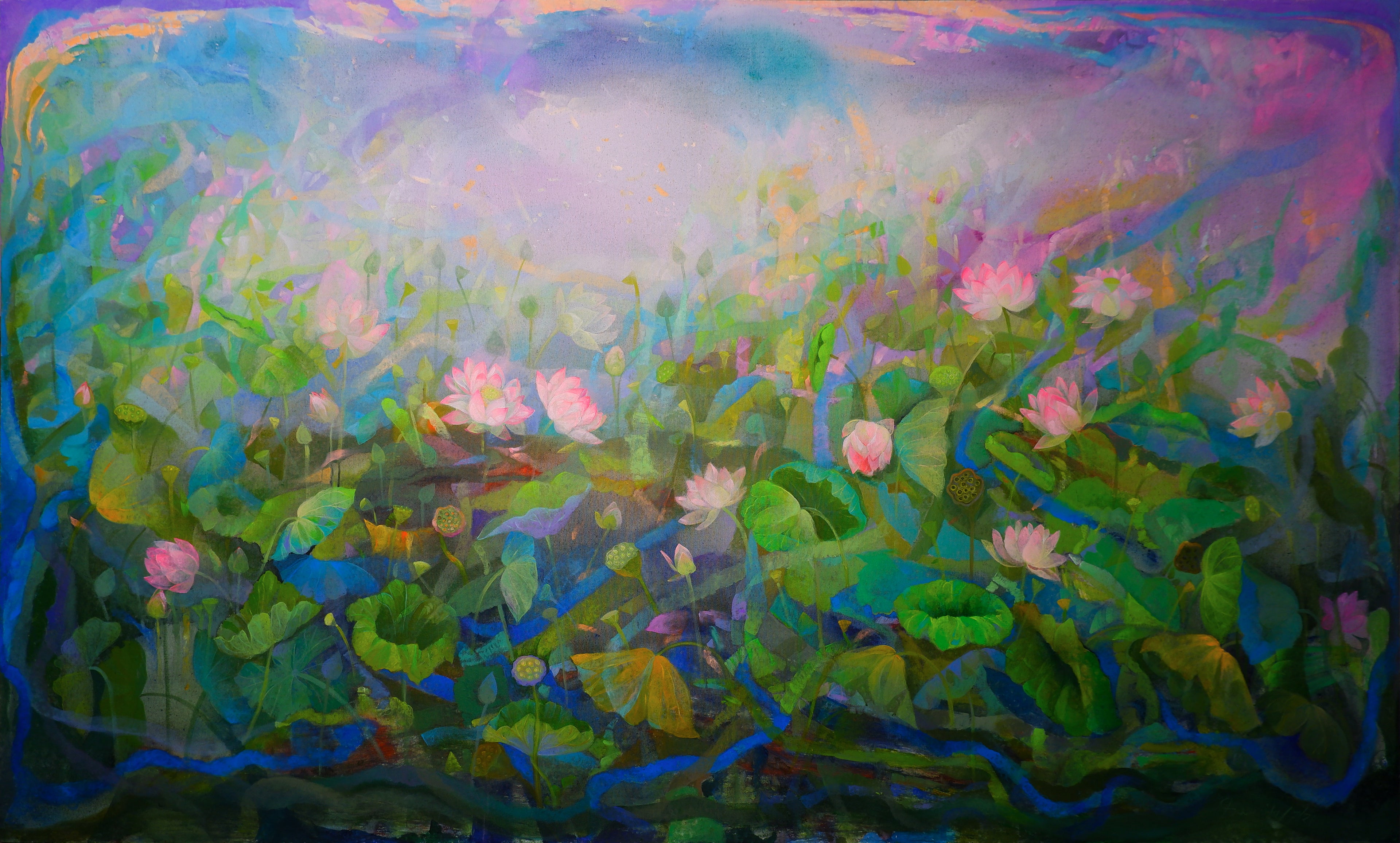 Lotus Pond in Pink, Blue, Orange, Yellow and Green by Sumita Maity — mixed media, original Indian artwork.