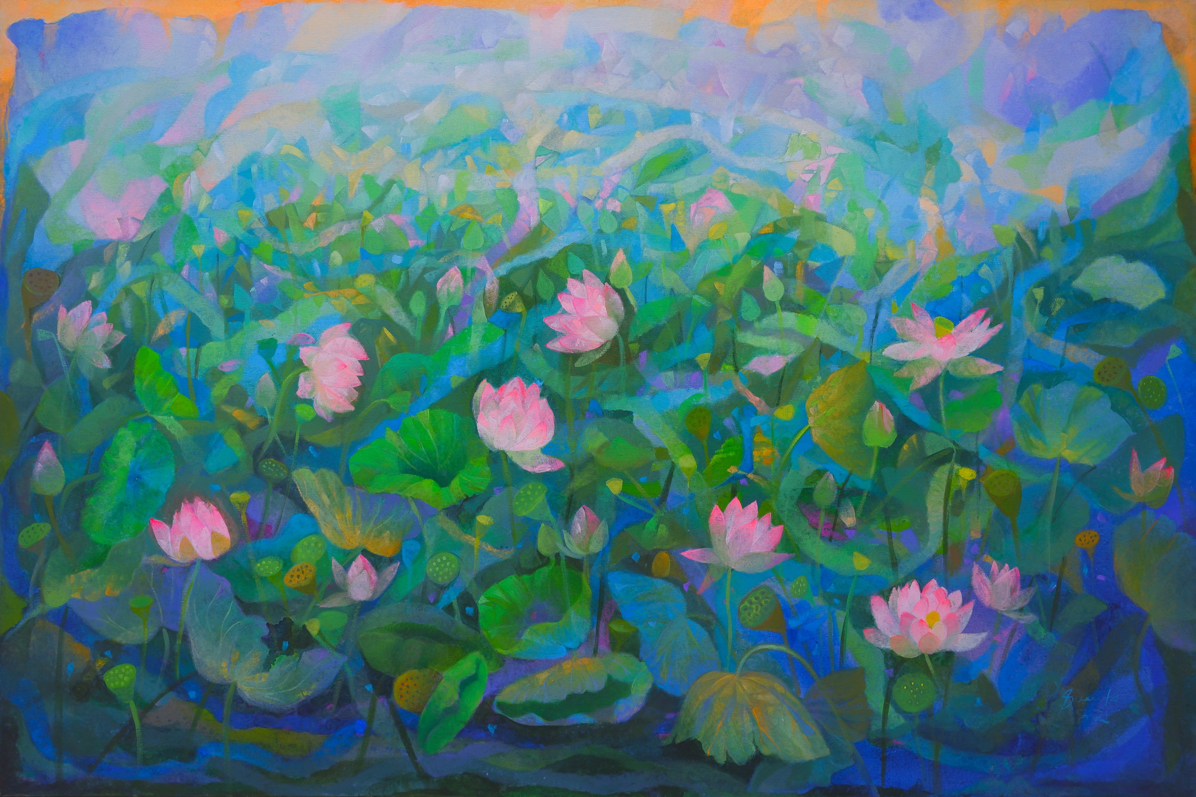 Lotus Pond in Pink, Blue, Orange, and Green by Sumita Maity — painting, original Indian artwork.
