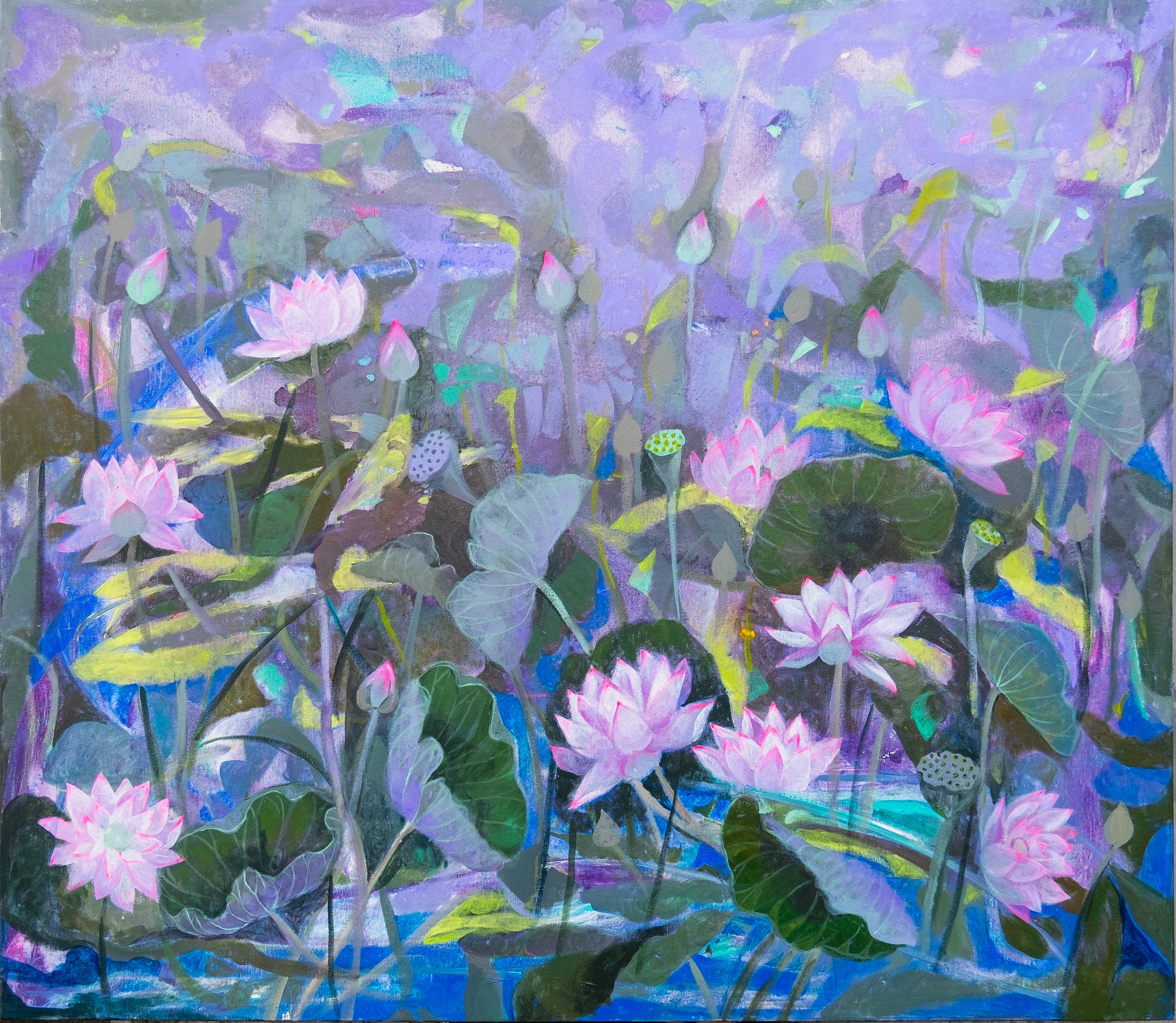 Lotus Pond in Pink, Blue, Purple and Violet by Sumita Maity — painting, original Indian artwork.