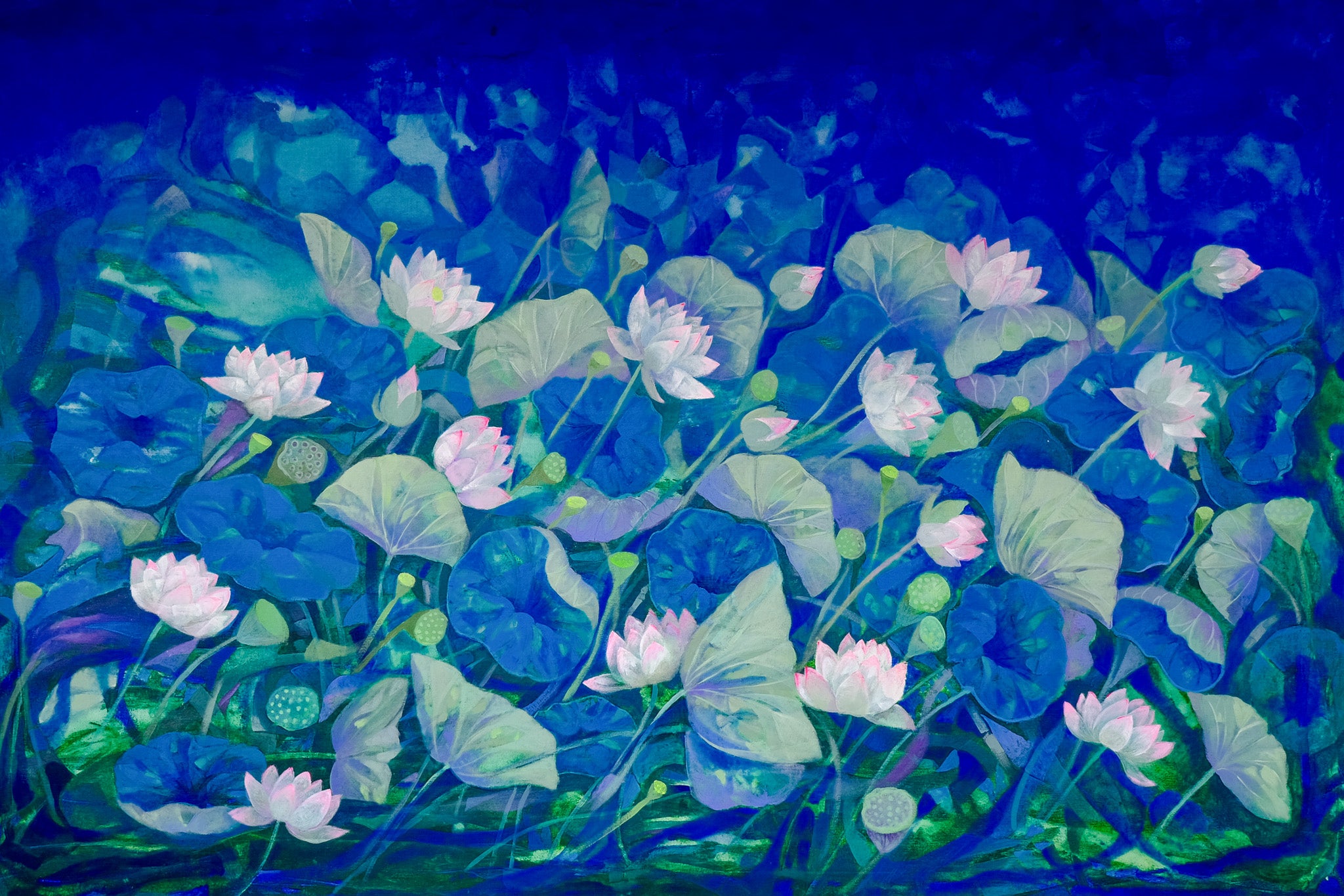 Lotus Pond in Pink, Blue, White and Green by Sumita Maity — painting, original Indian artwork.